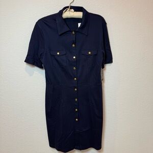 New York & Company Dark Blue Midi Dress with Gold Buttons